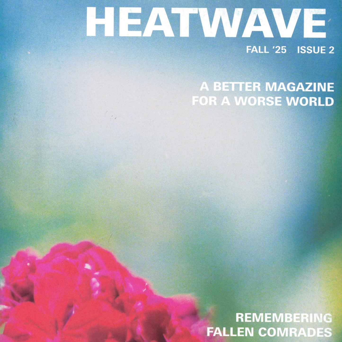 Magazine cover titled 'Heatwave' with a pink flower on a blue and green gradient background