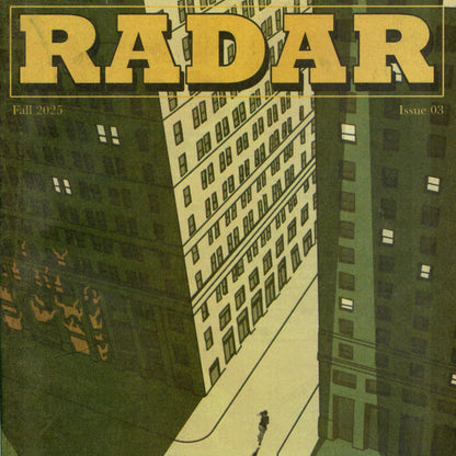 Cover of 'Radar' magazine with a cityscape illustration and text