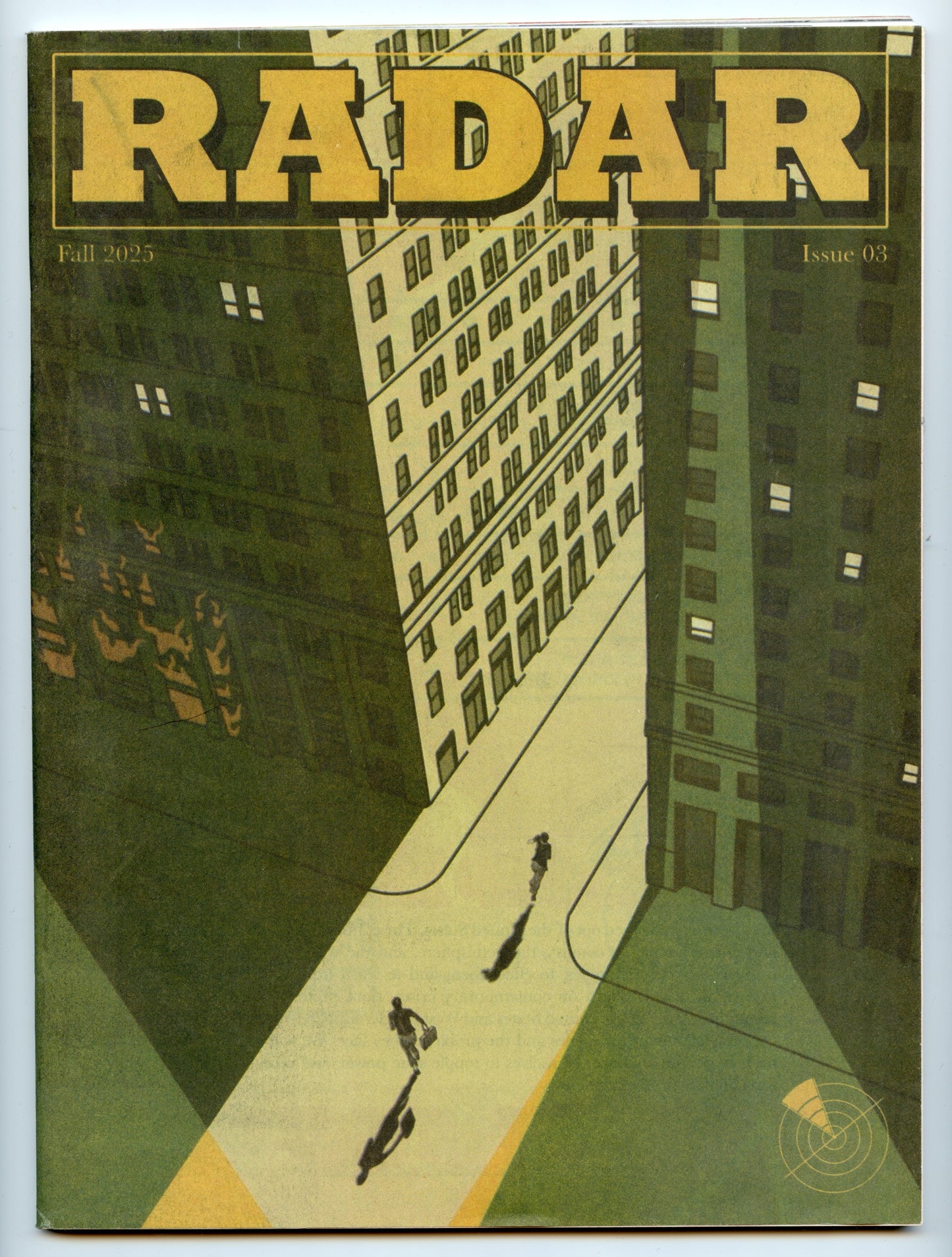 Cover of 'Radar' magazine with a cityscape illustration and text