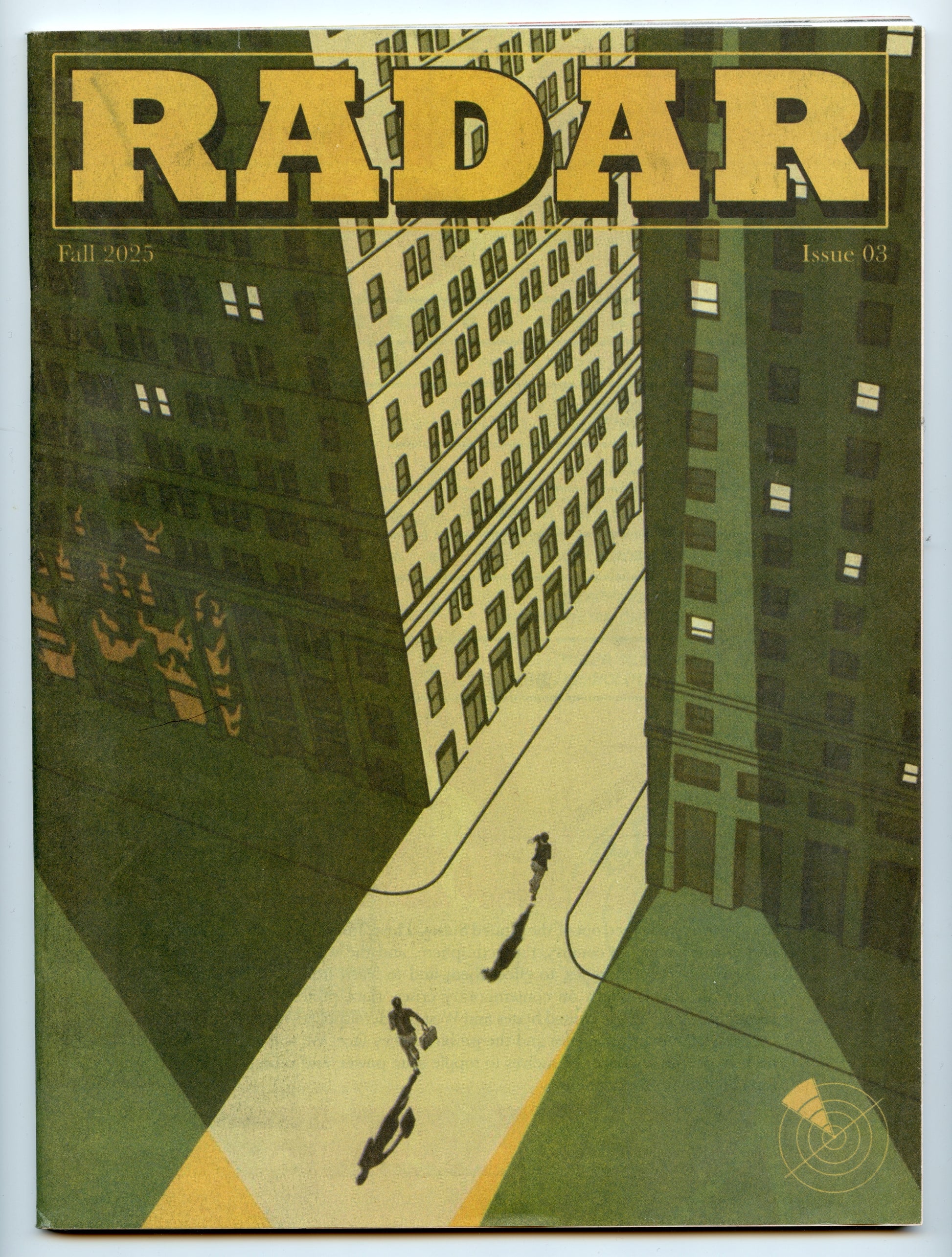 Cover of 'Radar' magazine with a cityscape illustration and text